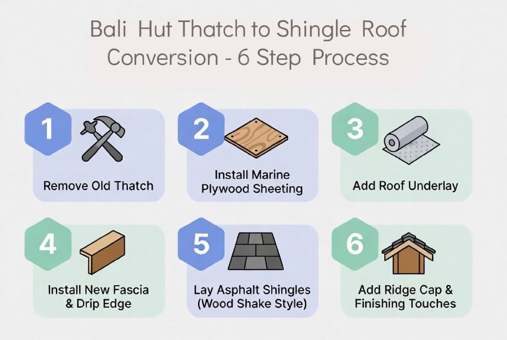 Bali Hut Thatch Replacement Guide 2026: Costs, Best Options &Amp; Easy Shingle Conversion 5 Step-by-step diagram showing bali hut thatch replacement and conversion to asphalt shingles