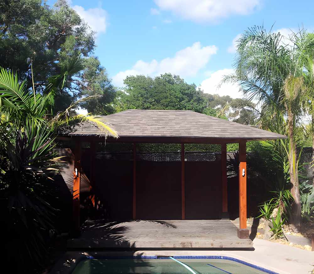 Fixed gazebo kit with asphalt shingles installed in Adelaide backyard