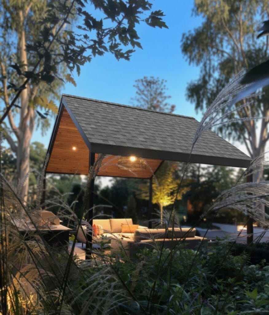 Outdoor Gazebos Australia 2 Modern a-frame gazebo with premium dual black laminated shingle roof in australian backyard
