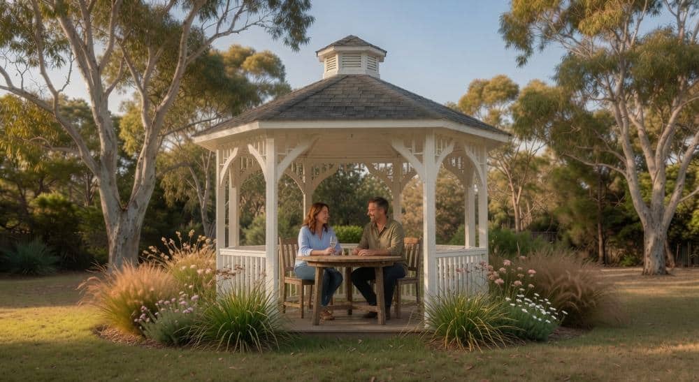 Outdoor Gazebos Australia 29 Happy couple relaxing at a table inside a white permanent hardtop gazebo in a natural australian backyard with gum trees