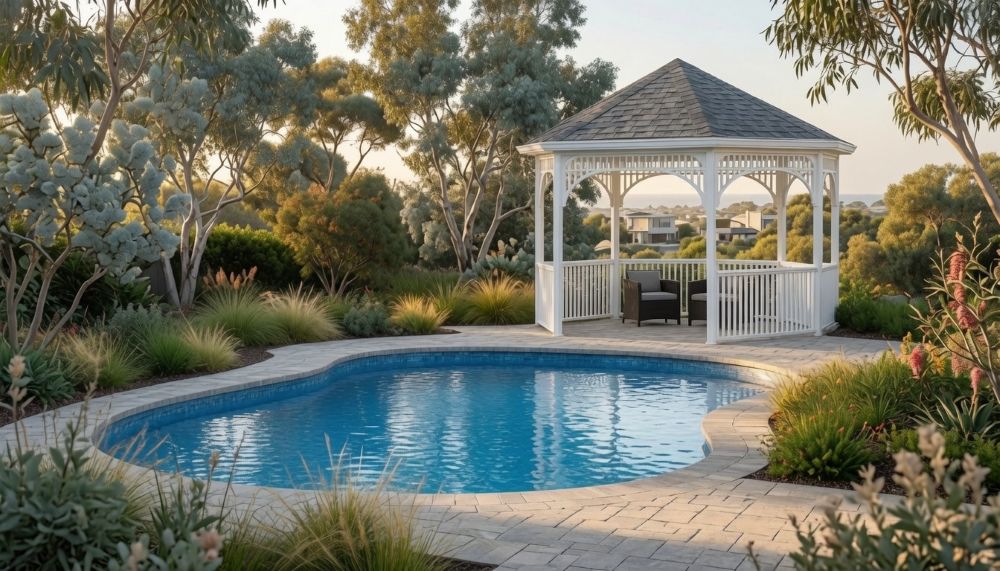 Outdoor Gazebos Australia 20 Custom white outdoor gazebo with grey shingle roof beside a pool in an upscale australian backyard with native plants and eucalyptus trees