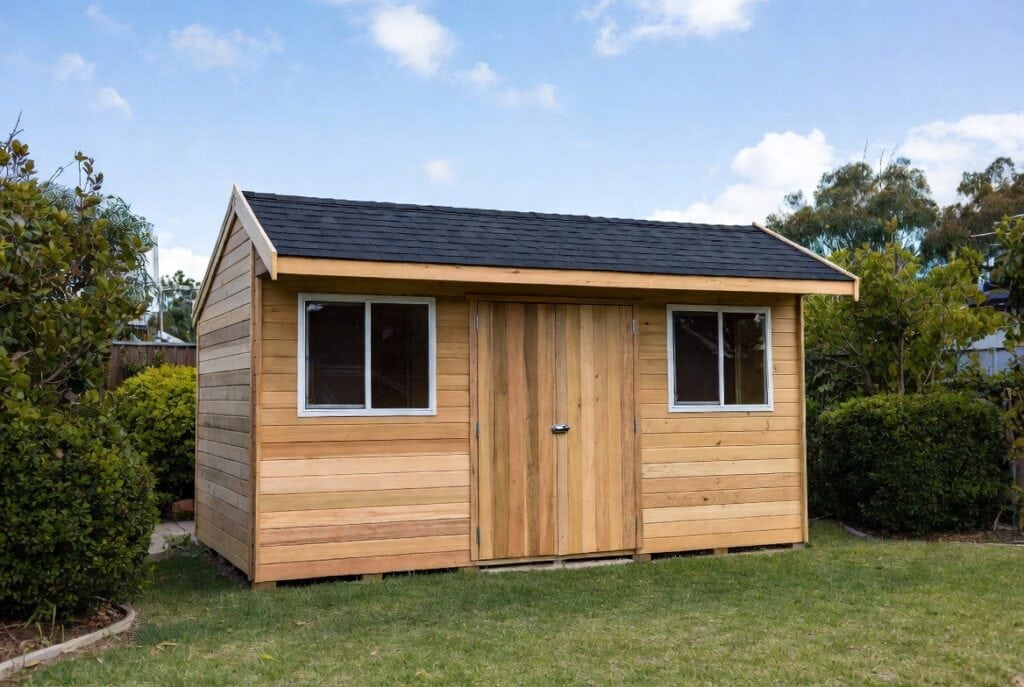 Shed Kits With Premium Shingle Roofs 10 Custom garden and storage shed kit with dual black shingle roof and natural cedar cladding