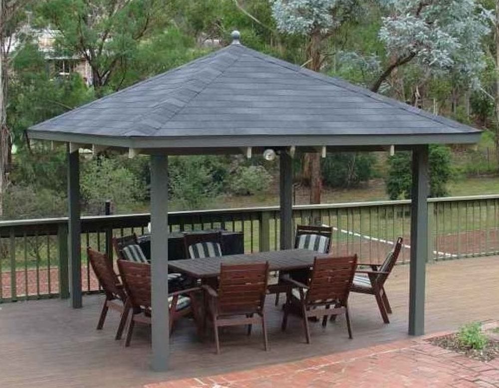 Completed DIY gazebo roof with beautiful asphalt shingles in Australian backyard