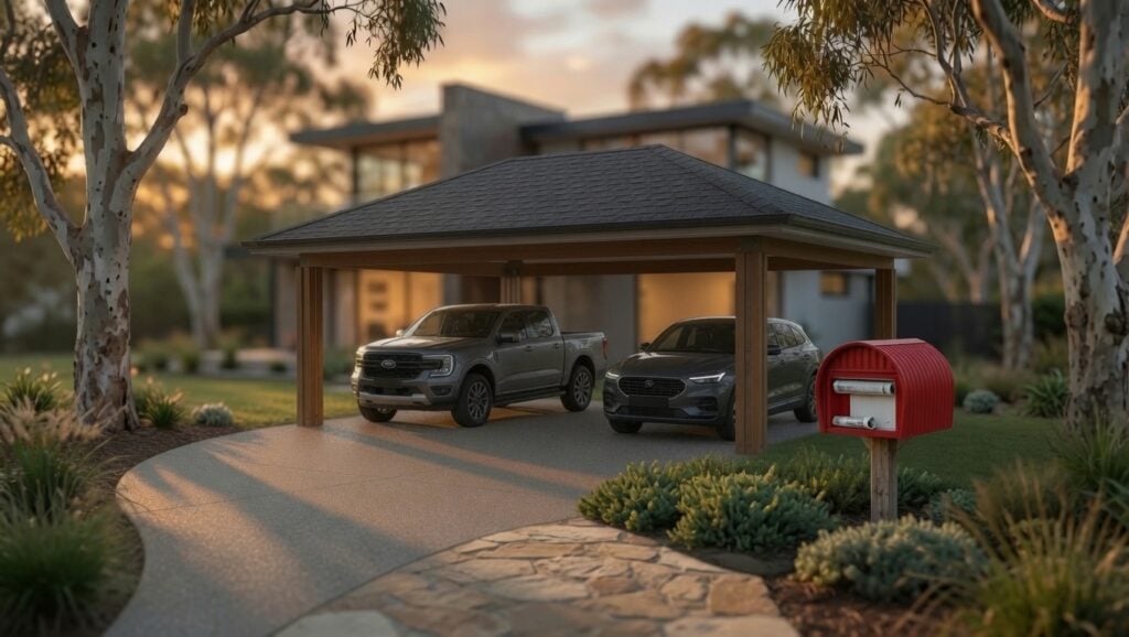 Carport Kits With Premium Shingle Roofs – Beautiful &Amp; Built To Last 15 Double carport kit with premium shingle roof at beautiful dusk with two cars parked underneath in suburban setting