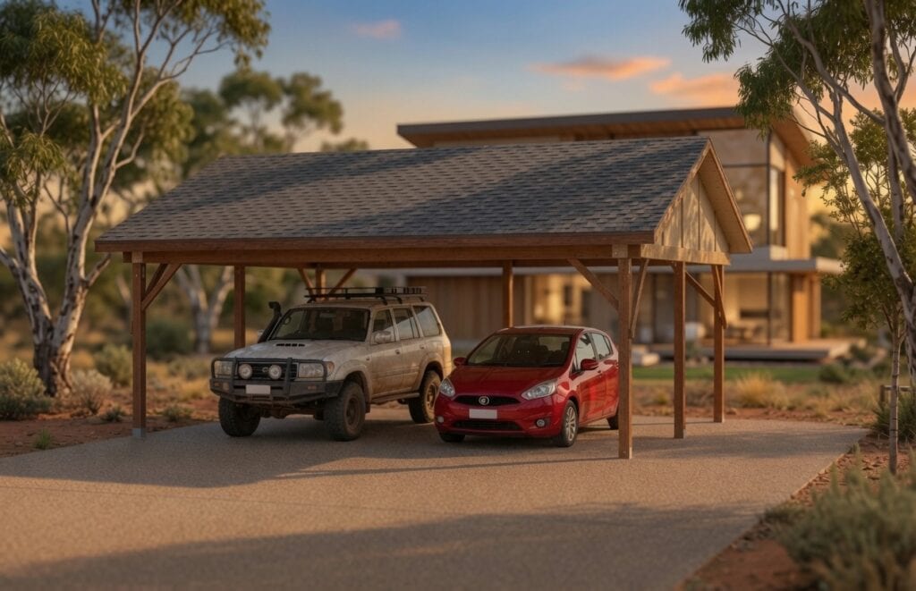 Double carport kits with premium shingle roof and two cars parked on exposed aggregate driveway in australian setting