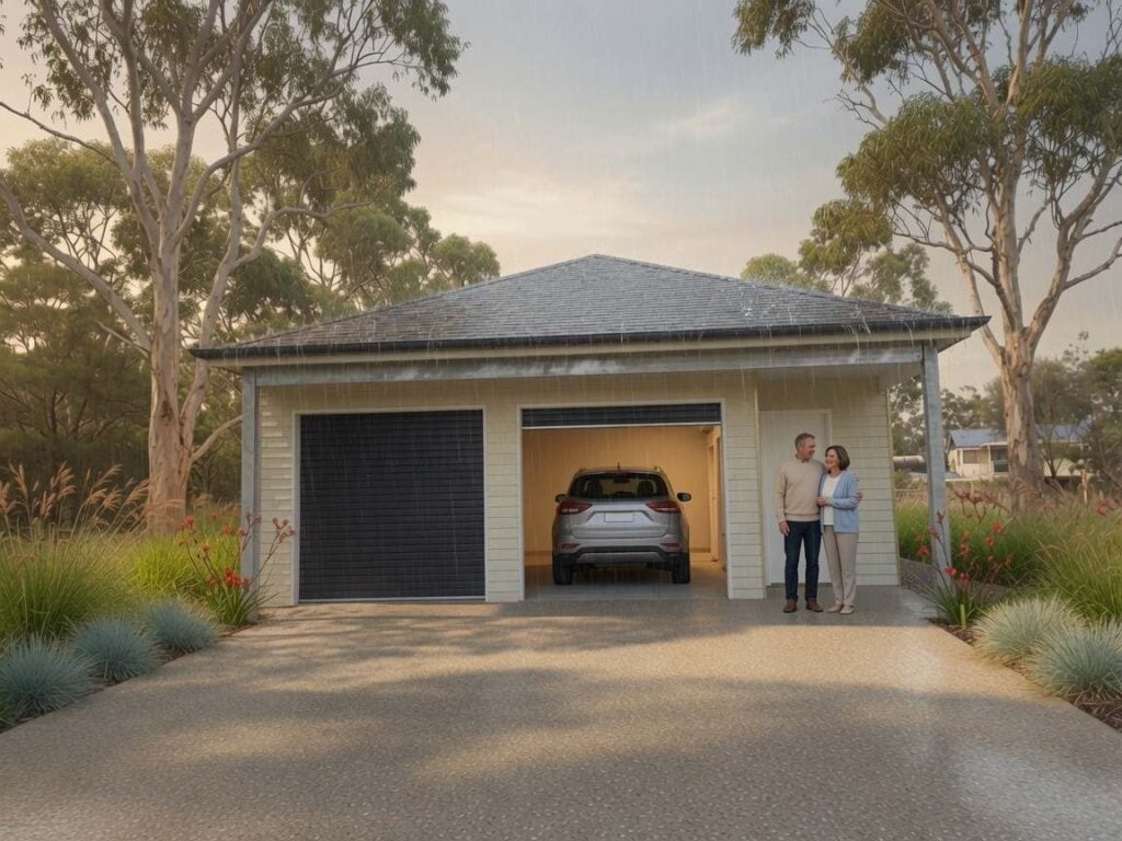 Carport Kits With Premium Shingle Roofs – Beautiful &Amp; Built To Last 10 Double carport with storage room and premium shingle roof during rain showing people staying dry underneath