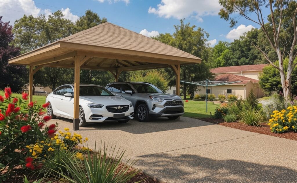 Carport Kits With Premium Shingle Roofs – Beautiful &Amp; Built To Last 6 Double hipped roof carport kit with premium laminated earthtone cedar shingles and two cars parked underneath