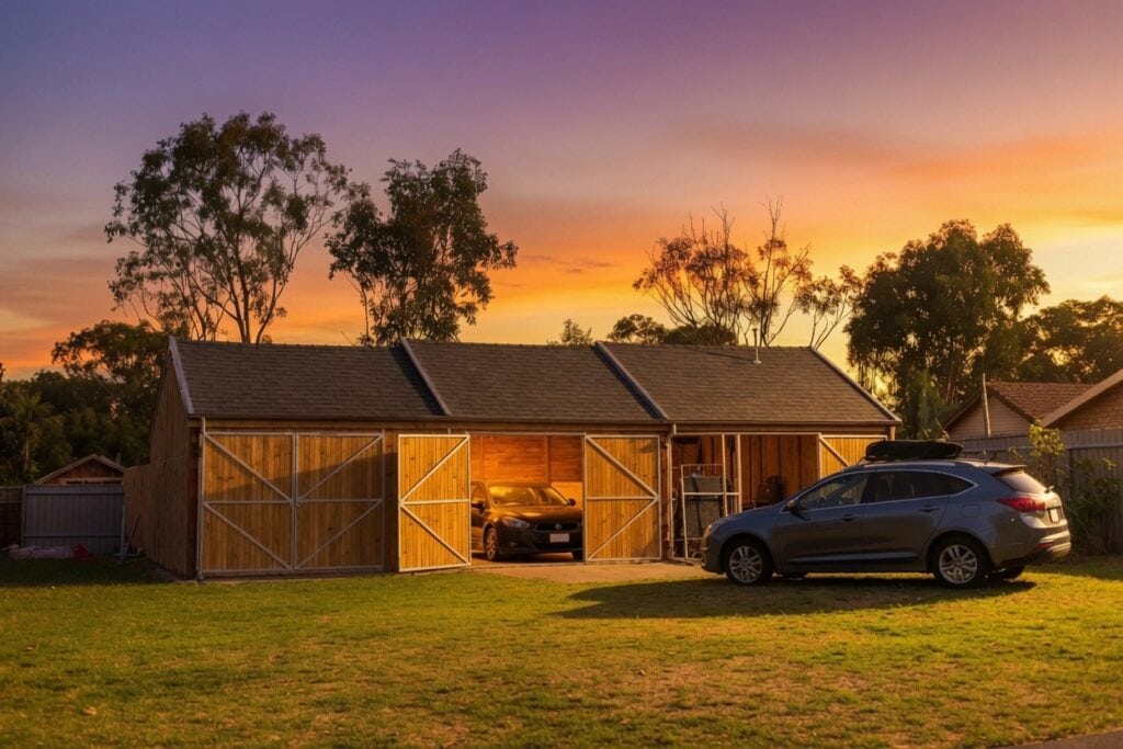 Shed Kits With Premium Shingle Roofs 11 Wide double door shed with dual black shingle roof at beautiful golden dusk with cars parked