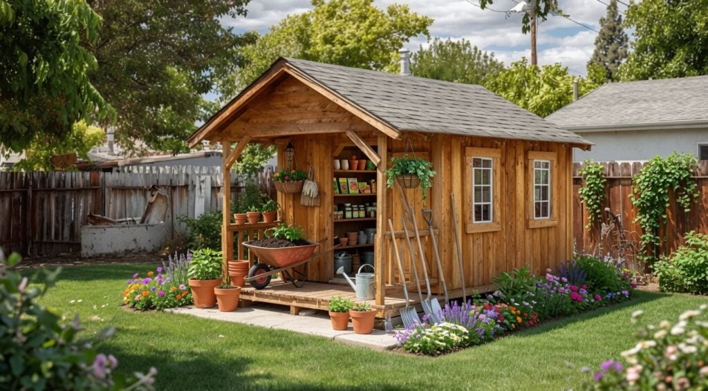 Shed Kits With Premium Shingle Roofs 2 Garden shed kit with premium dual black shingle roof and gardening tools in sunny backyard