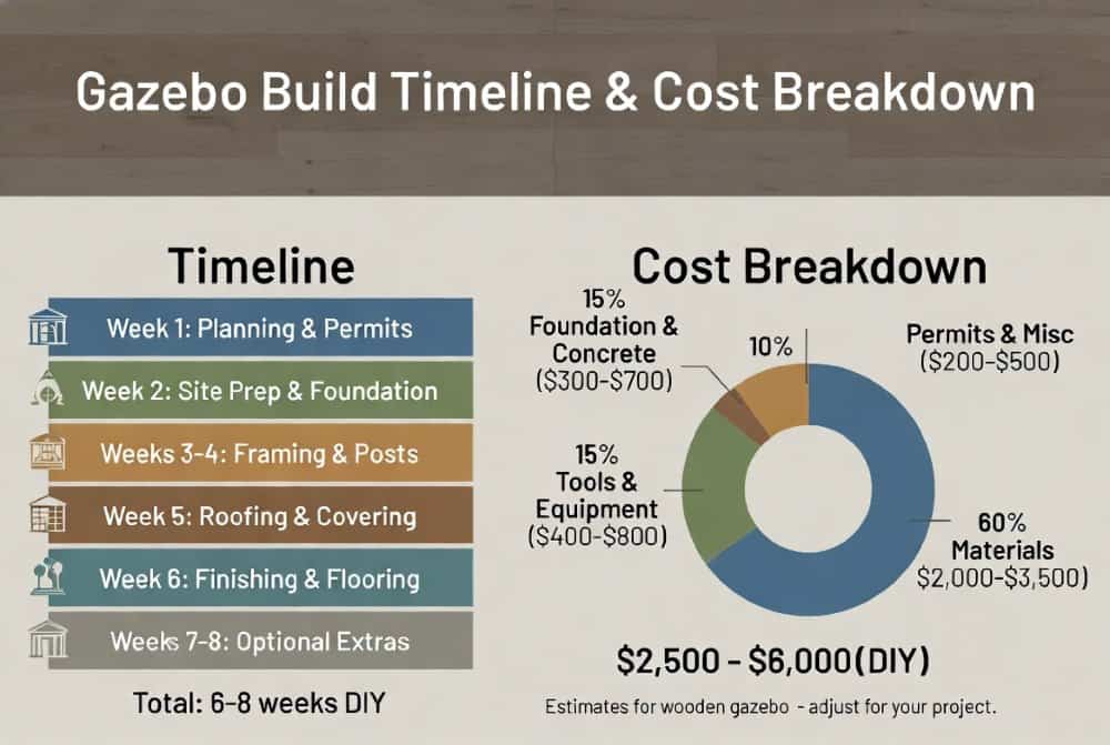 How To Build A Gazebo: Complete Step-By-Step Diy Guide (Australia) 7 Infographic showing gazebo build timeline and cost breakdown in aud for a typical 3m x 4m wooden hardtop diy gazebo.