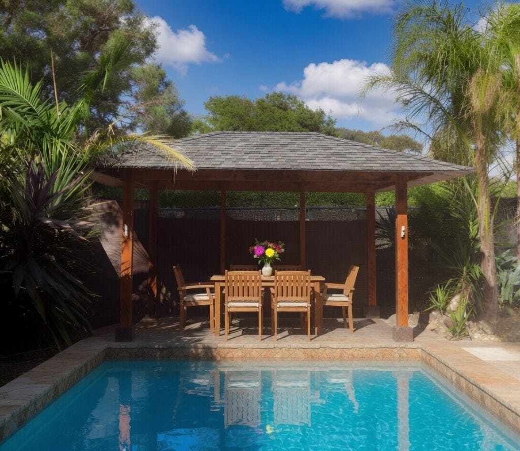 Gazebo Kits Melbourne – Premium Outdoor Gazebos For Victorian Homes 6 Premium shingle roof gazebo in melbourne suburban backyard with native landscaping
