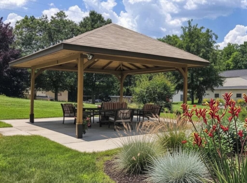 Outdoor Gazebos Australia 10 Elegant wooden gazebo with laminated earthtone cedar shingle roof surrounded by native australian grasses and kangaroo paw plants in a sunny backyard setting