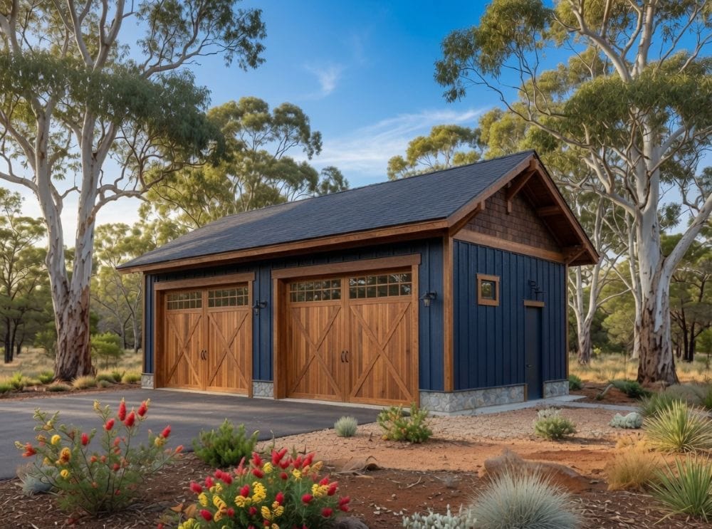 Shed Kits With Premium Shingle Roofs 7 Large double barn door shed with premium dual black laminated shingle roof on a sunny day in australia
