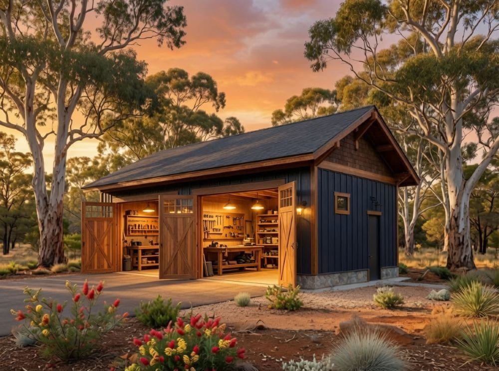 Shed Kits With Premium Shingle Roofs 8 Large double barn door shed with open doors and premium dual black laminated shingle roof at golden dusk