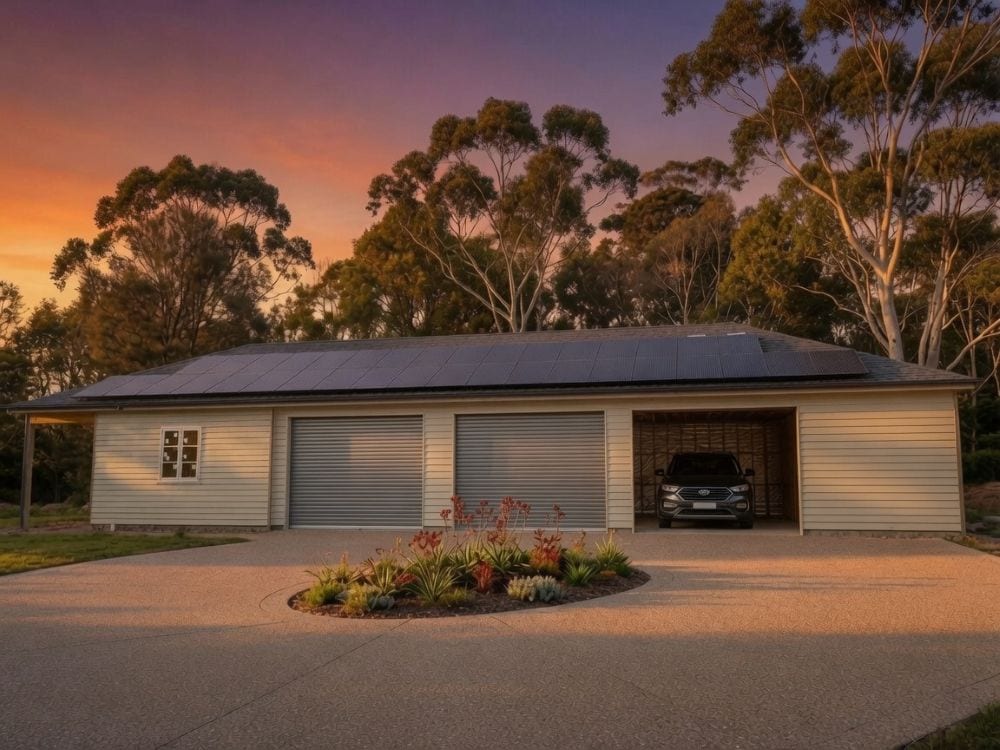 Carport Kits With Premium Shingle Roofs – Beautiful &Amp; Built To Last 13 Large triple carport garage with storage room and premium shingle roof at dusk in australian setting