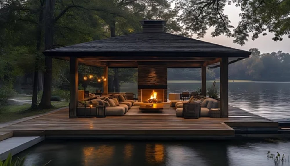 Outdoor Gazebos Australia 17 Luxurious overwater hardtop gazebo with shingle roof, outdoor lounge and fire pit at dusk
