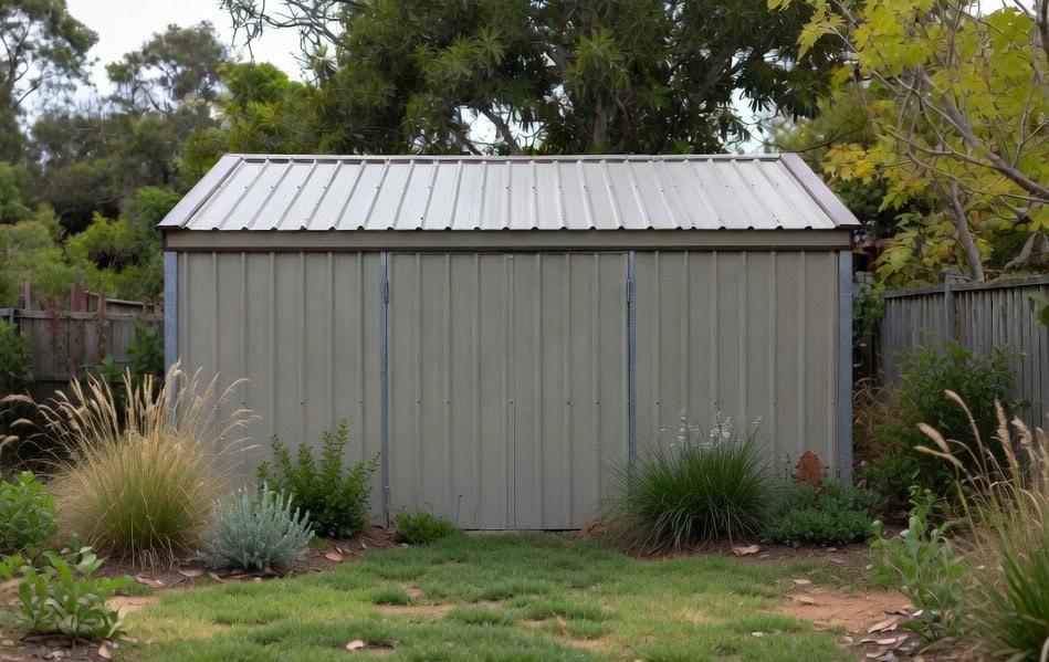 Metal Garden Shed With Corrugated Roof Standard colorbond metal garden shed with corrugated roof in typical australian suburban backyard