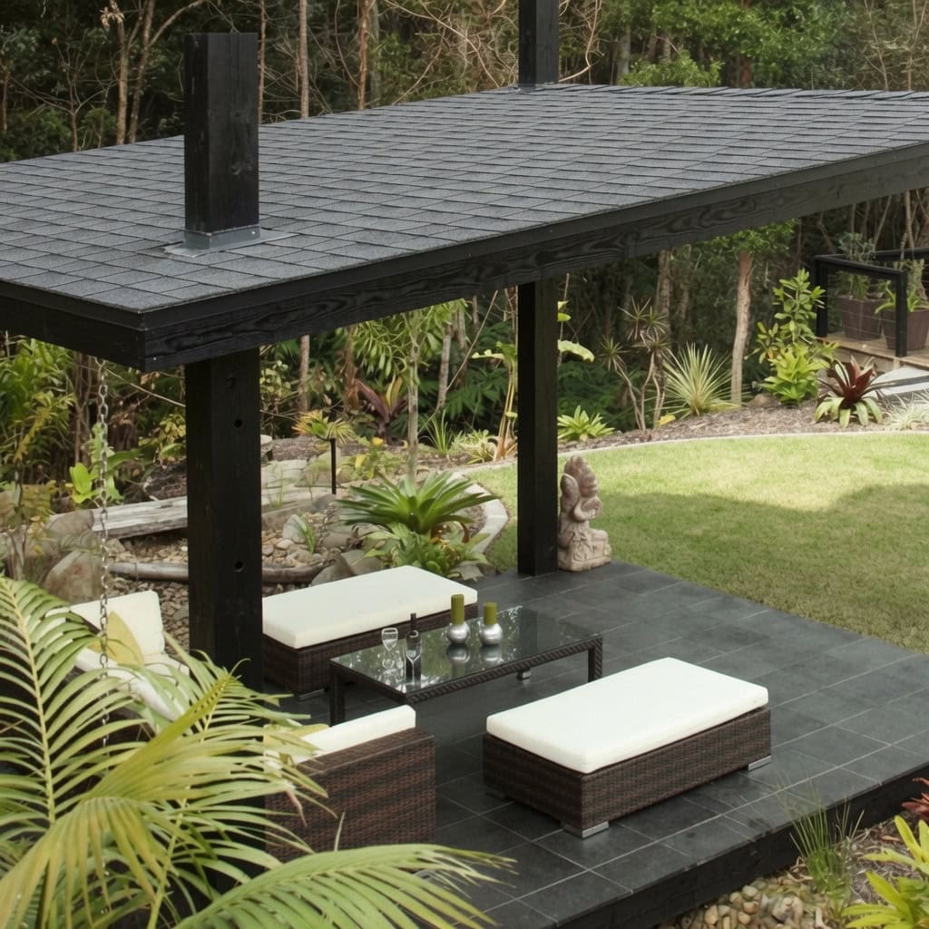 Outdoor Gazebos Australia 3 Modern skillion roof gazebo with premium dual black laminated shingles in australian backyard