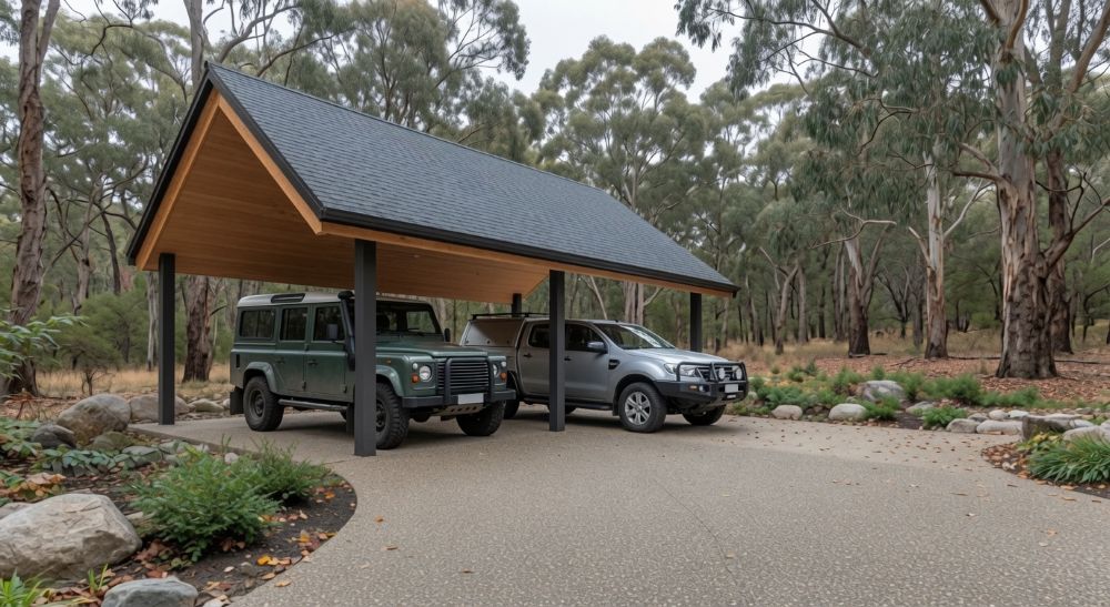 Carport Kits With Premium Shingle Roofs – Beautiful &Amp; Built To Last 9 Stunning open style gable roof double carport with dark shingles and two vehicles parked underneath in australian bushland setting