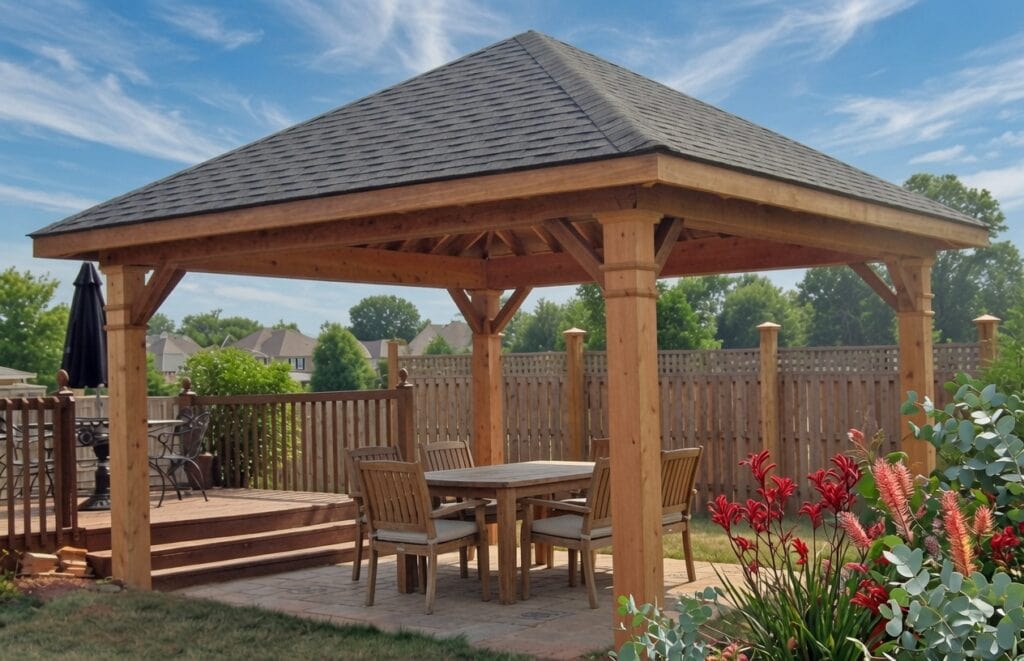 Outdoor Gazebos Australia 8 5x5m permanent hardtop gazebo with shingle roof and dining setting in melbourne backyard