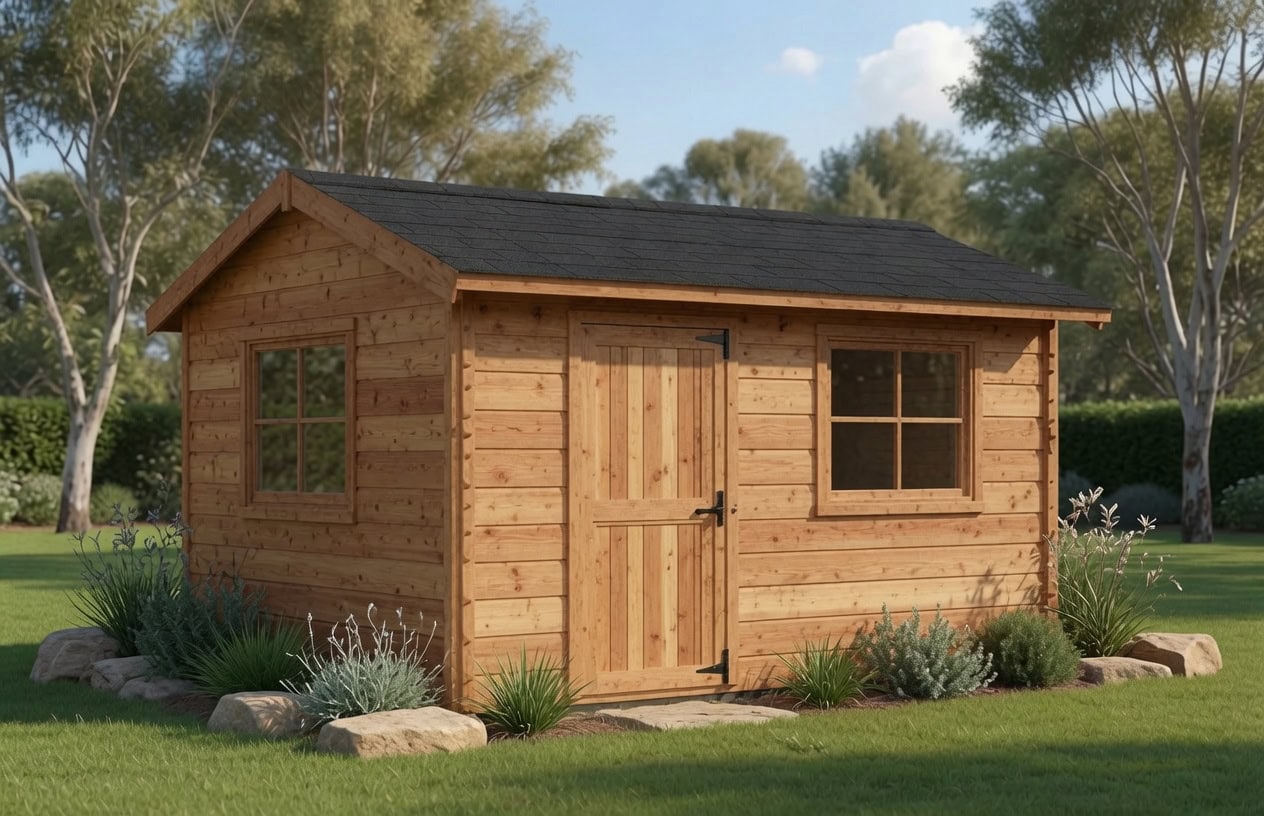 Garden Shed Kit With Dual Black Shingle Roof Premium wooden garden shed kit with dual black shingle roof in natural australian backyard