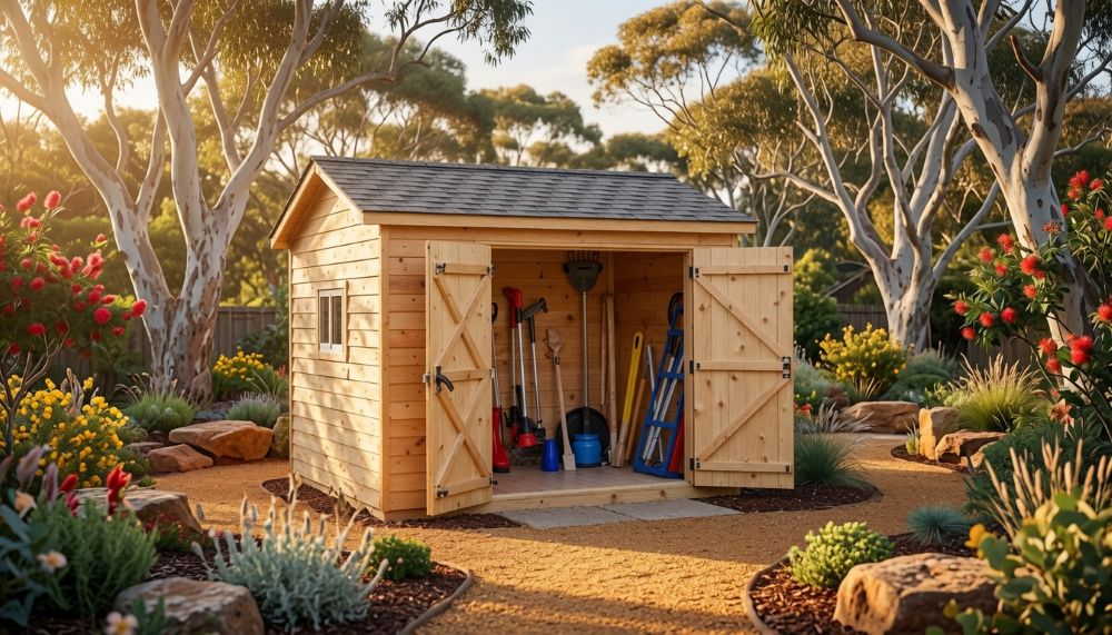 Premium wooden garden shed kits with shingle roof in beautiful sunny backyard setting