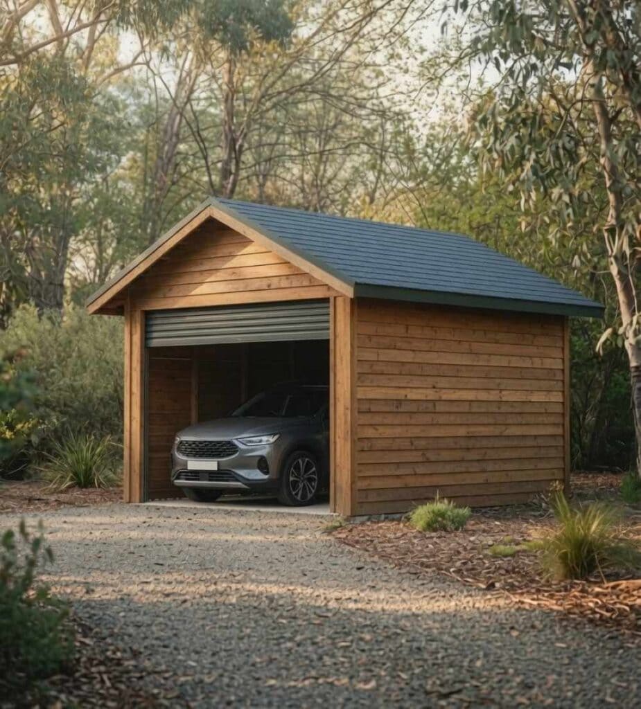 Carport Kits With Premium Shingle Roofs – Beautiful &Amp; Built To Last 12 Single enclosed carport with roller door and premium dual black shingle roof in natural setting