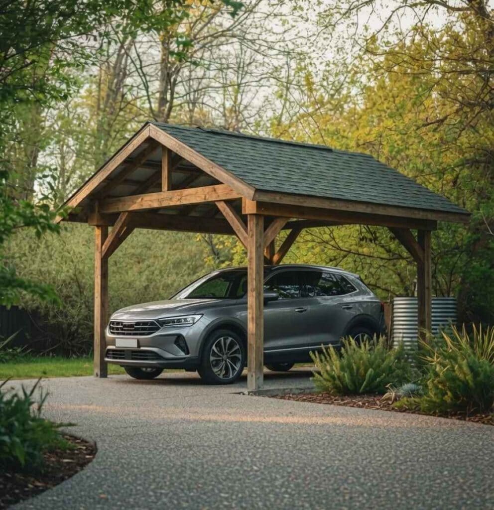 Carport Kits With Premium Shingle Roofs – Beautiful &Amp; Built To Last 7 Single gable carport kit with premium dual black laminated asphalt shingles and car parked underneath