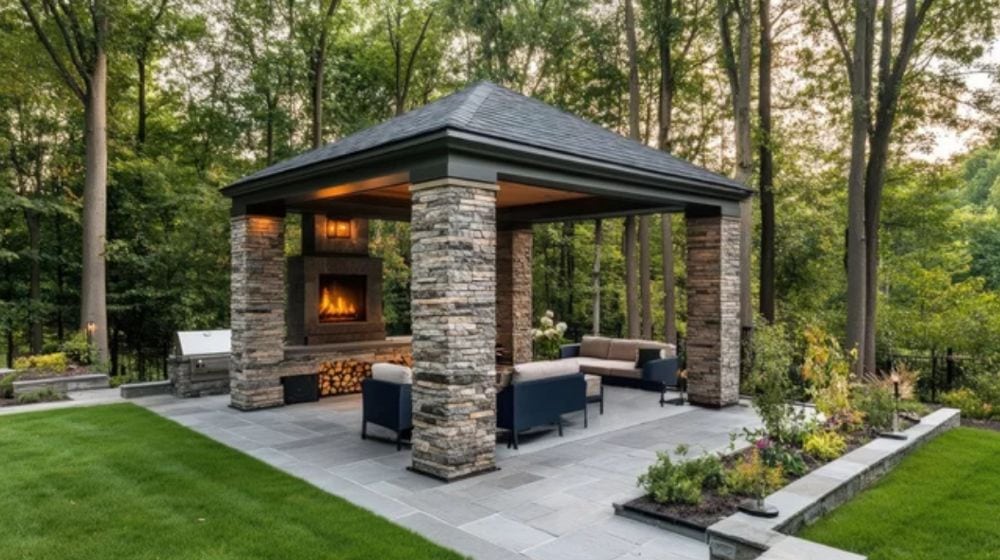 Outdoor Gazebos Australia 18 Spacious outdoor gazebo with beautiful natural stone cladding on pillars, dark shingle roof, built-in fireplace and comfortable outdoor lounge seating in a lush garden setting