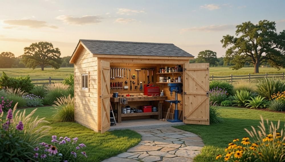 Shed Kits With Premium Shingle Roofs 4 Workshop shed kit with premium dual black shingle roof and workbench inside