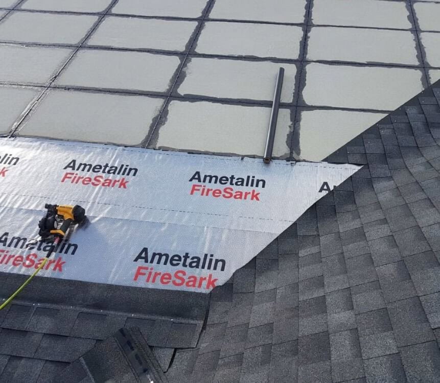 Fire-Resistant Asphalt Shingle Roofing System For Bal Zones 1 Fire-resistant asphalt shingle roof system showing 12mm cement sheet deck with sealed joints, ametalin firesark fire-retardant underlayment, and installed iko shingles – suitable for bal zones