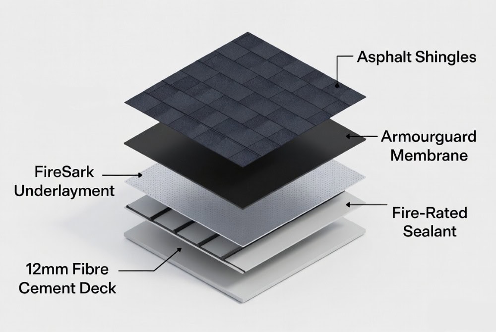 Fire-Resistant Asphalt Shingle Roofing System For Bal Zones 2 Exploded view diagram showing the 5 layers of the fire-resistant asphalt shingle roofing system: 12mm fibre cement deck, fire-rated sealant, ametalin firesark underlayment, armourguard membrane, and top asphalt shingles