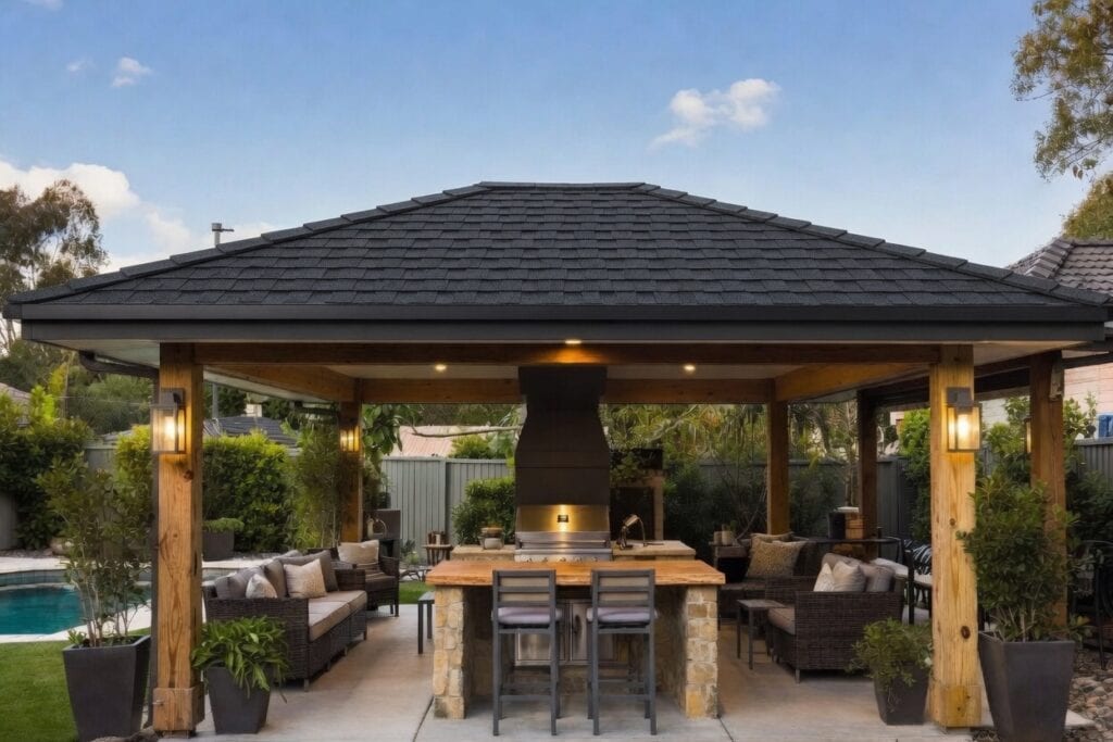 Outdoor Gazebos Australia 33 Luxury timber bbq gazebo kit with premium dual black laminated asphalt shingles and outdoor kitchen bbq
