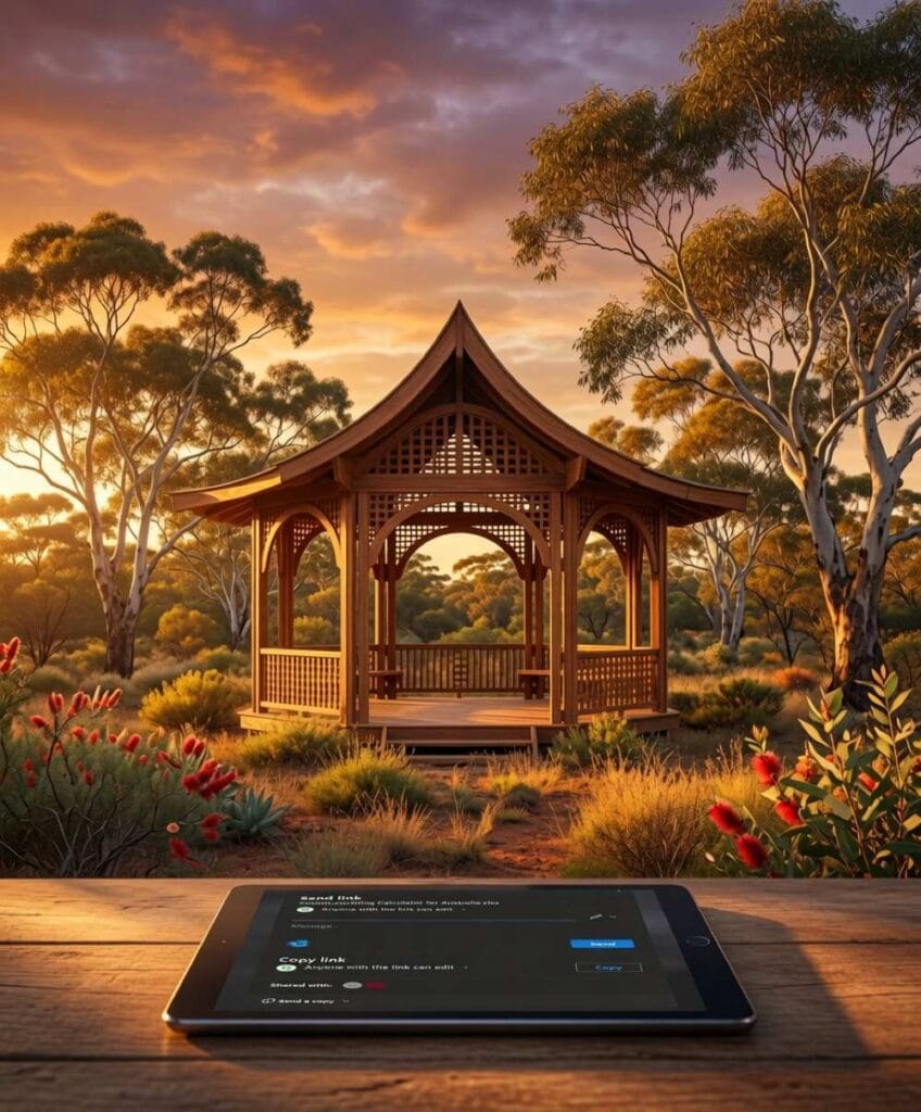 Gazebo Material Calculator | Accurate Timber List 1 Beautiful wooden gazebo with timber framing at golden dusk, australian gum trees in background - gazebo materials calculator