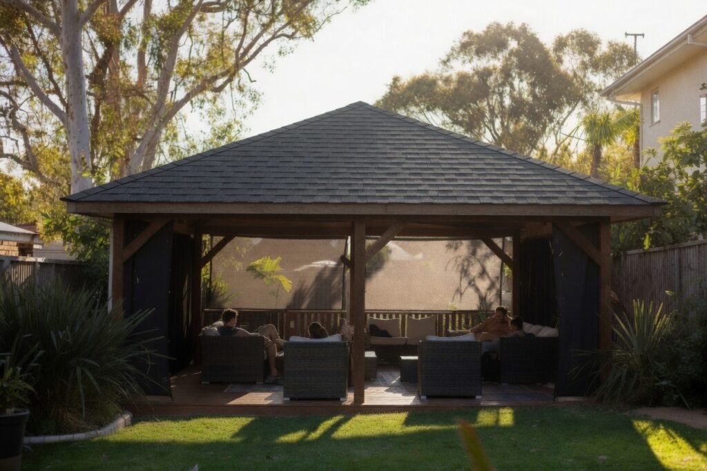 Gazebo Kits Melbourne – Premium Outdoor Gazebos For Victorian Homes 1 Beautiful shaded timber gazebo with shingle roof in a melbourne backyard lifestyle setting with family relaxing