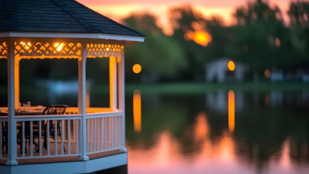 Outdoor Gazebos Australia 19 Beautiful white gazebo with warm glowing lights at sunset overlooking calm water, perfect for romantic evenings and outdoor entertaining