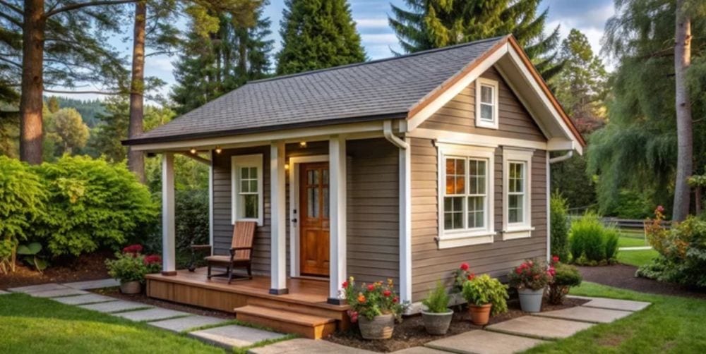 Asphalt Shingles For Geodesic Domes, Curved Roofs &Amp; Tiny Homes 6 Charming tiny house with asphalt shingle roof set in a garden landscape