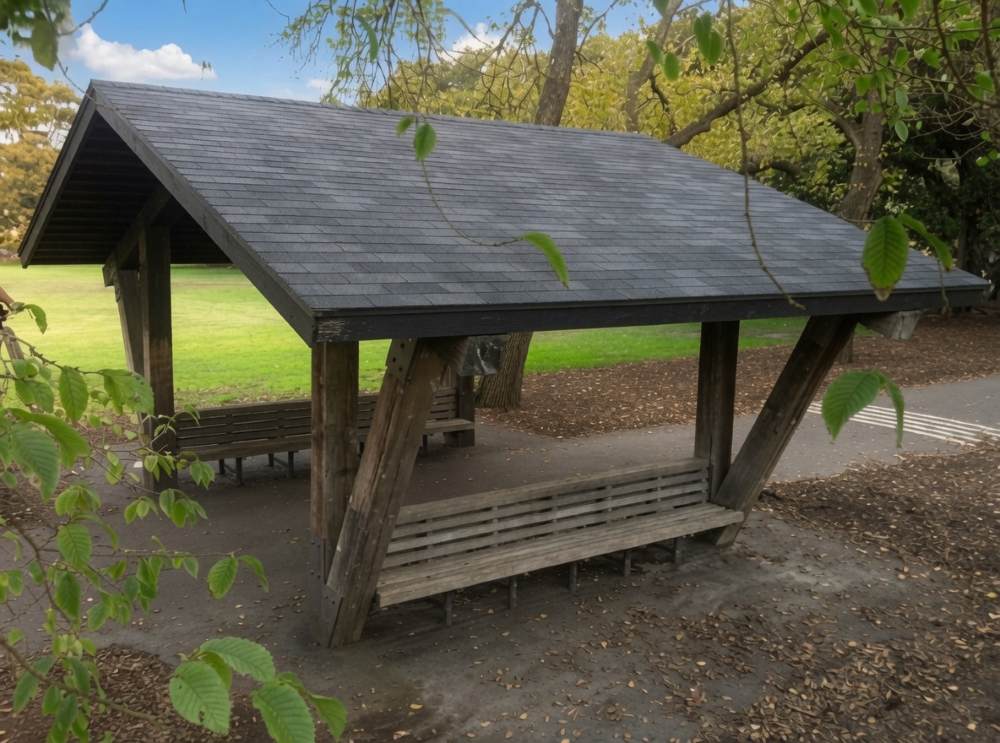Outdoor Gazebos Australia 28 Classic wooden prergola/shelter with grey shingle roof in fawkner park, melbourne